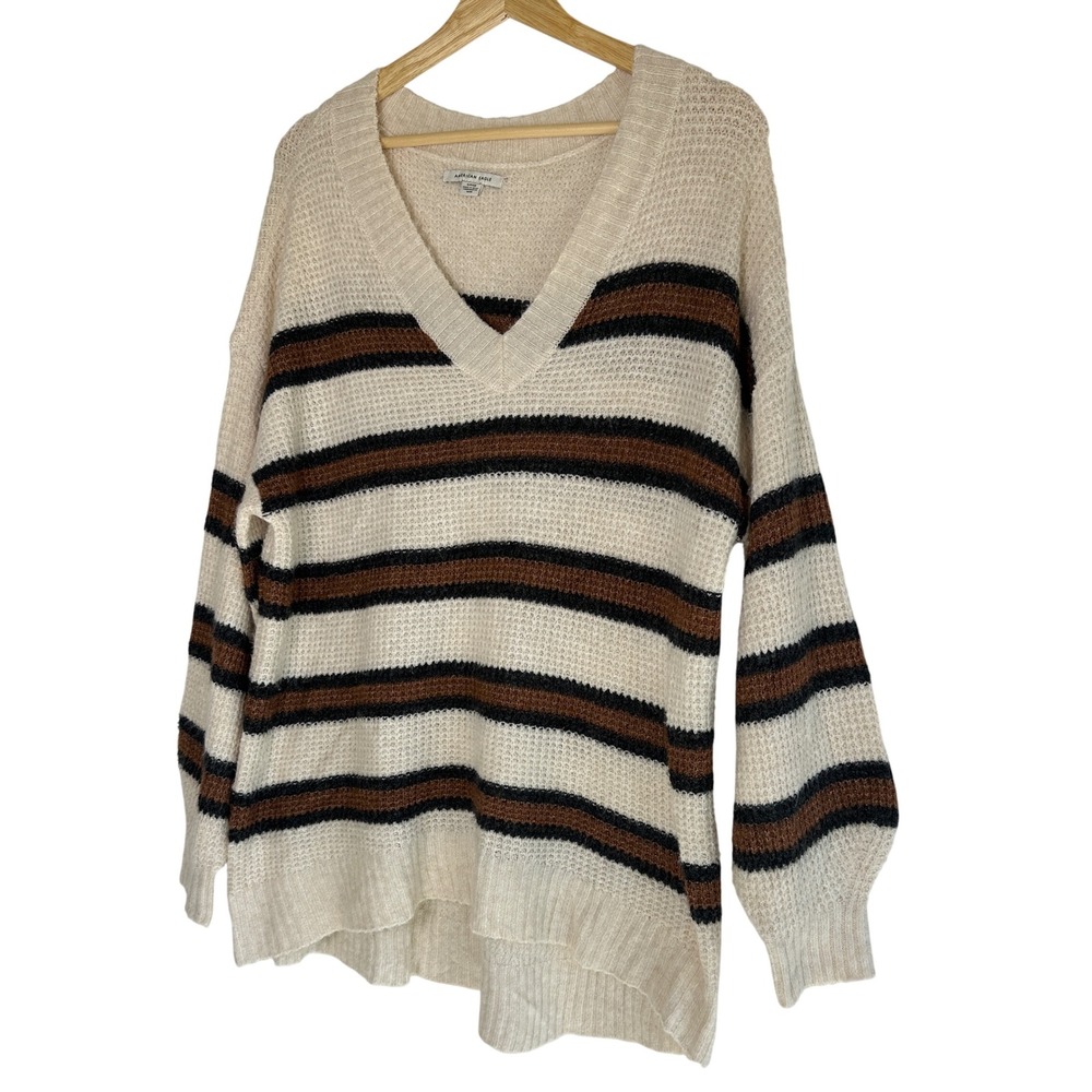 American Eagle Striped V Neck Long Sleeve Sweater Knit Top Cream‎ Brown Black S